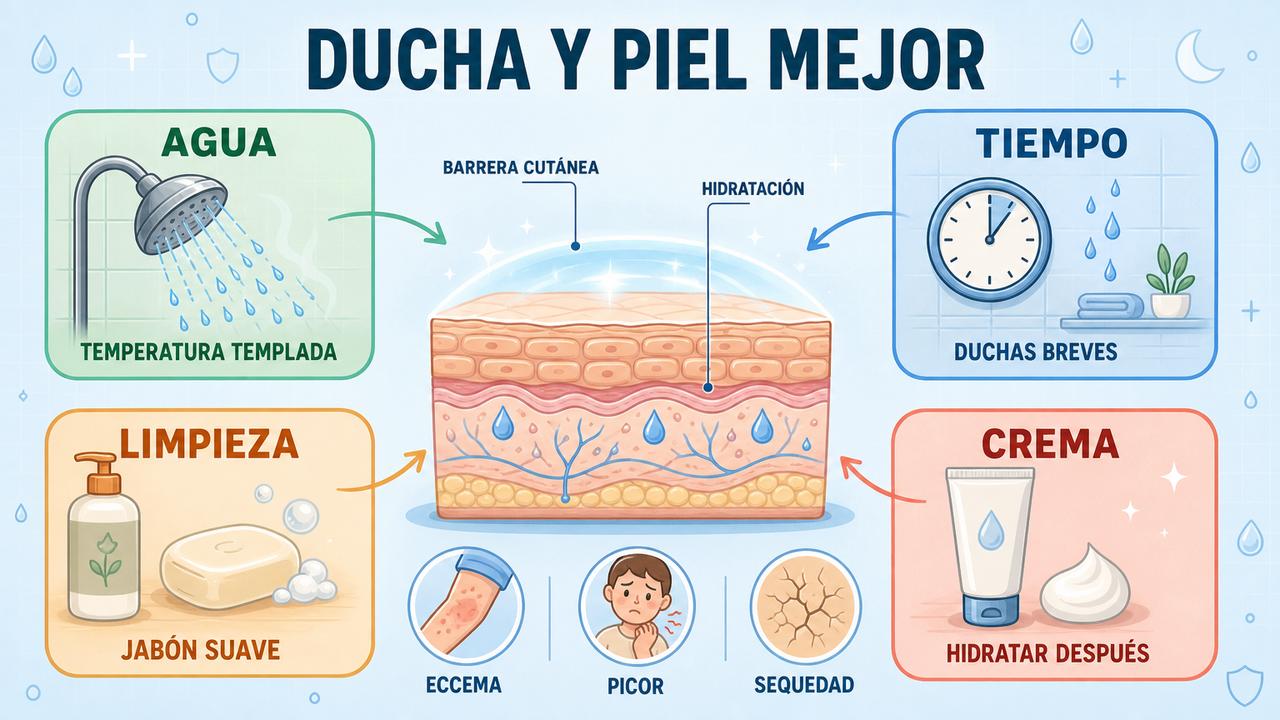 Agua templada, poco tiempo, jabón suave e hidratación protegen la barrera cutánea.