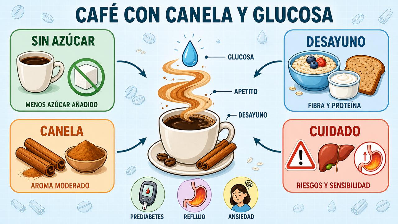 Infografía sobre azúcar añadido, desayuno equilibrado, canela moderada y precauciones.