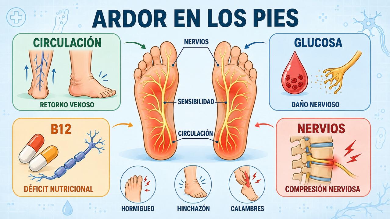 Circulación, glucosa, vitamina B12 y nervios explican muchas causas del ardor.