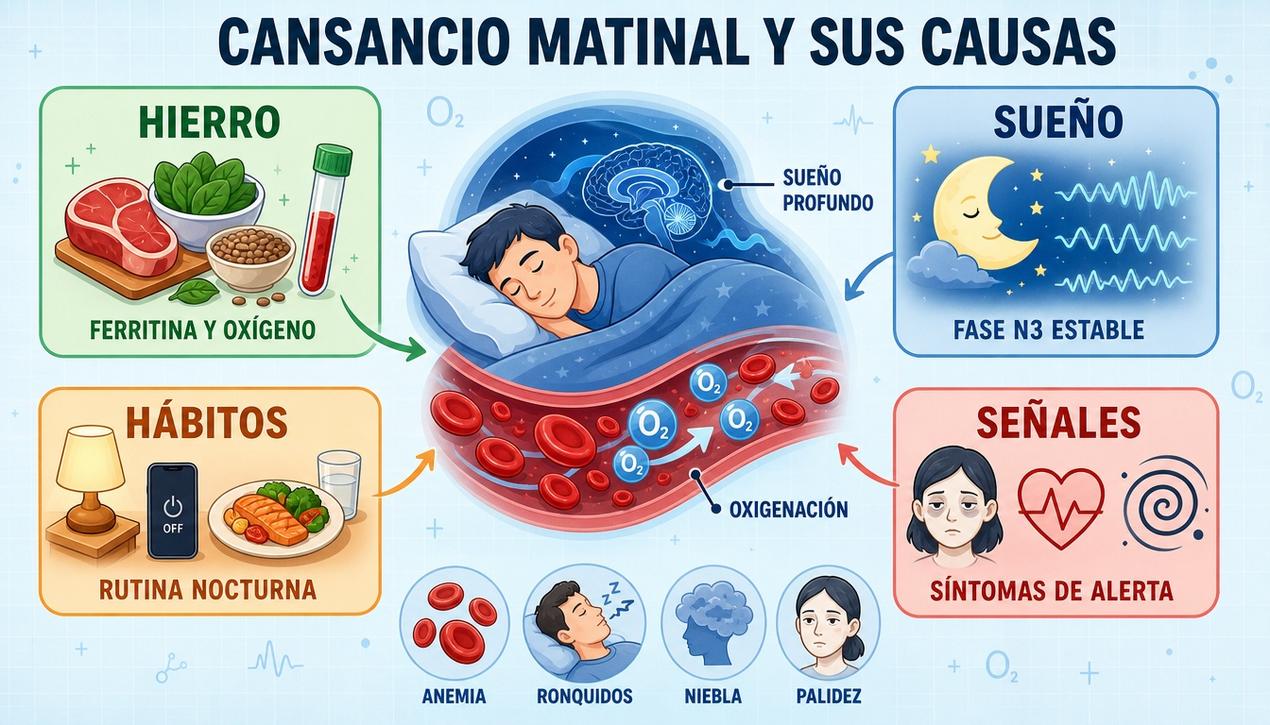 Hierro, sueño, hábitos y señales explican el cansancio matinal persistente.