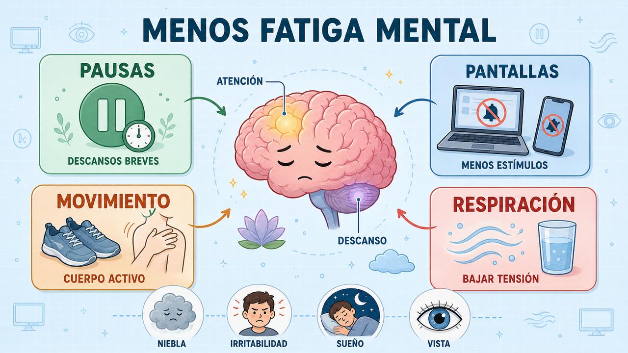 Pausas, menos pantallas, movimiento y respiración ayudan a reducir la fatiga mental.