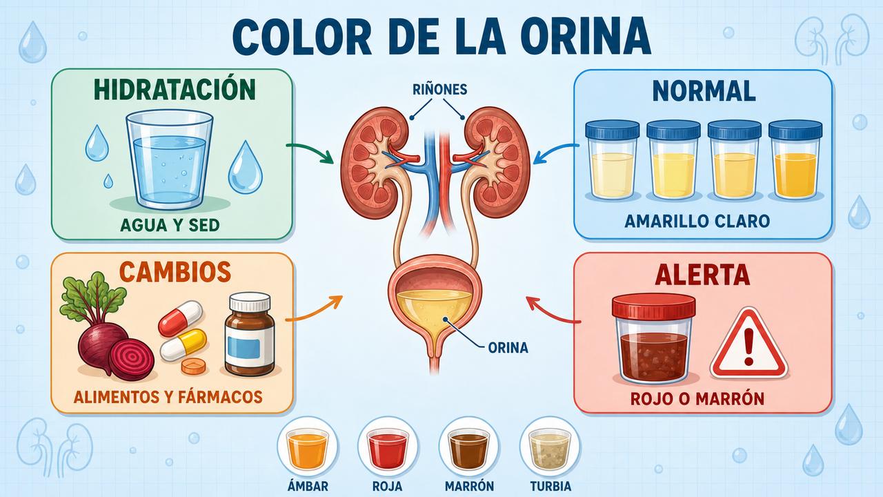 Hidratación, tono normal, cambios puntuales y señales de alerta urinaria.