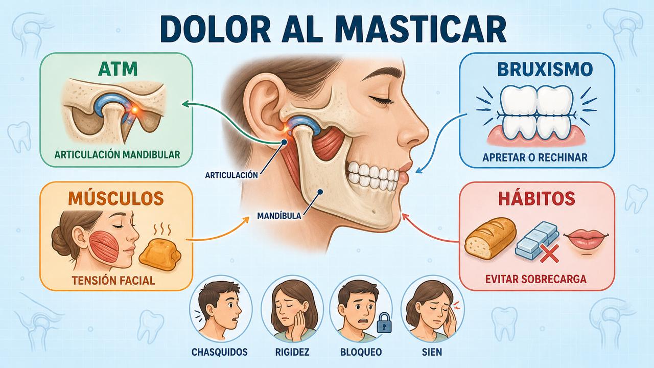 ATM, bruxismo, tensión muscular y hábitos diarios influyen en el dolor.