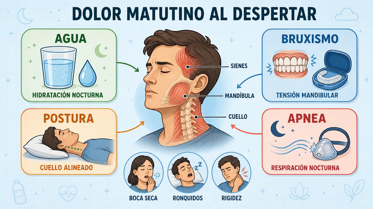 Deshidratación, bruxismo, postura y apnea explican muchos dolores de cabeza matutinos.