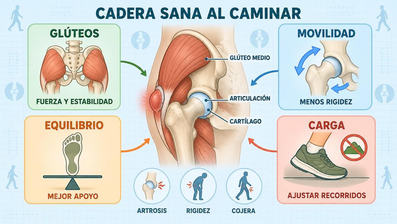 Fuerza, movilidad, equilibrio y ajuste de carga protegen la cadera al andar.