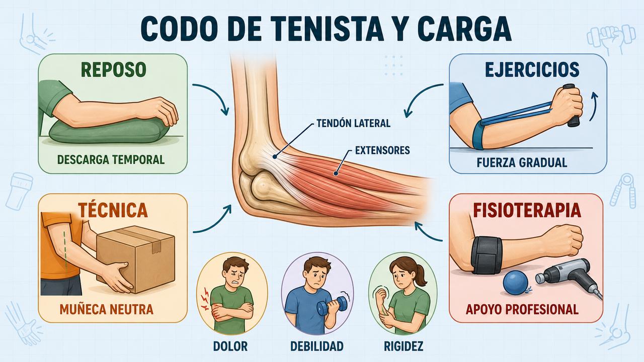 Reposo relativo, ejercicios, técnica y fisioterapia ayudan a descargar el codo.