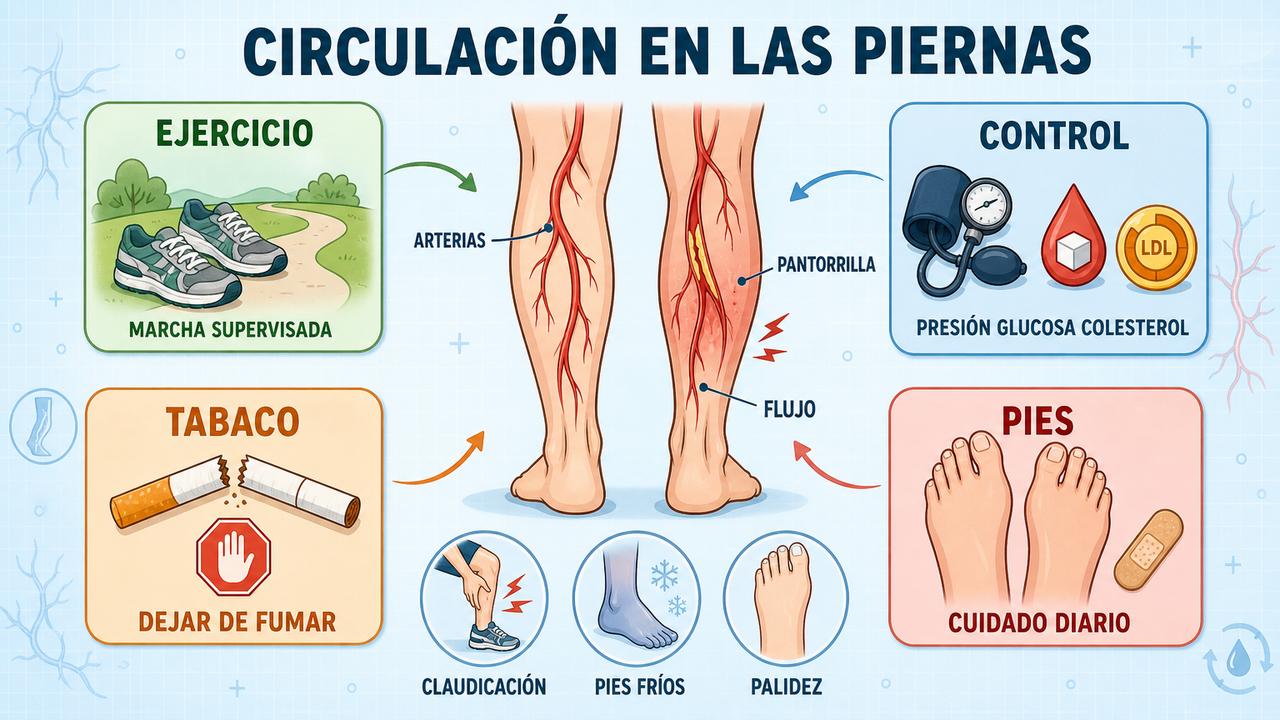 Ejercicio, control vascular, abandono del tabaco y cuidado de pies.
