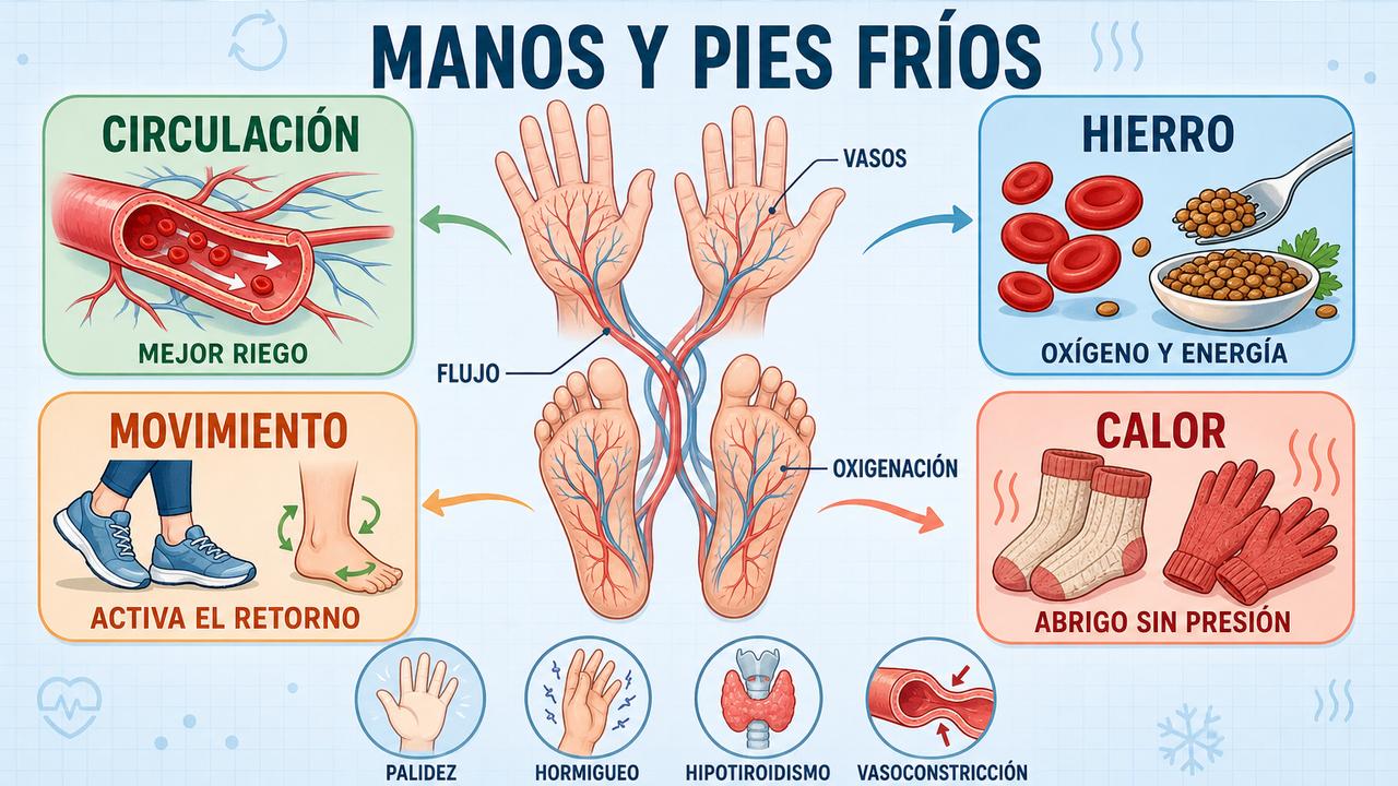 Circulación, hierro, movimiento y calor local ayudan a aliviar manos y pies fríos.