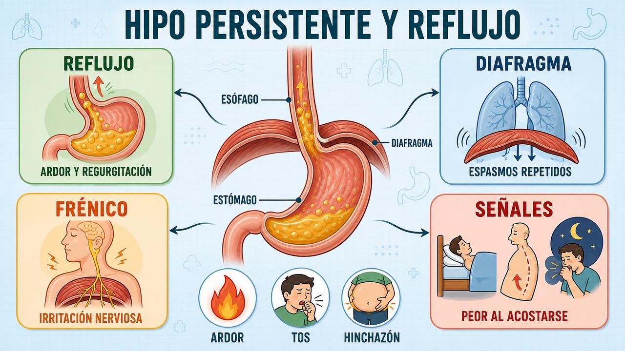 Reflujo, diafragma, nervio frénico y señales digestivas del hipo persistente.