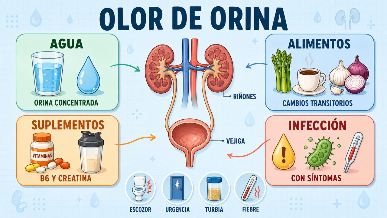 Hidratación, alimentos, suplementos e infección explican cambios frecuentes en el olor urinario.