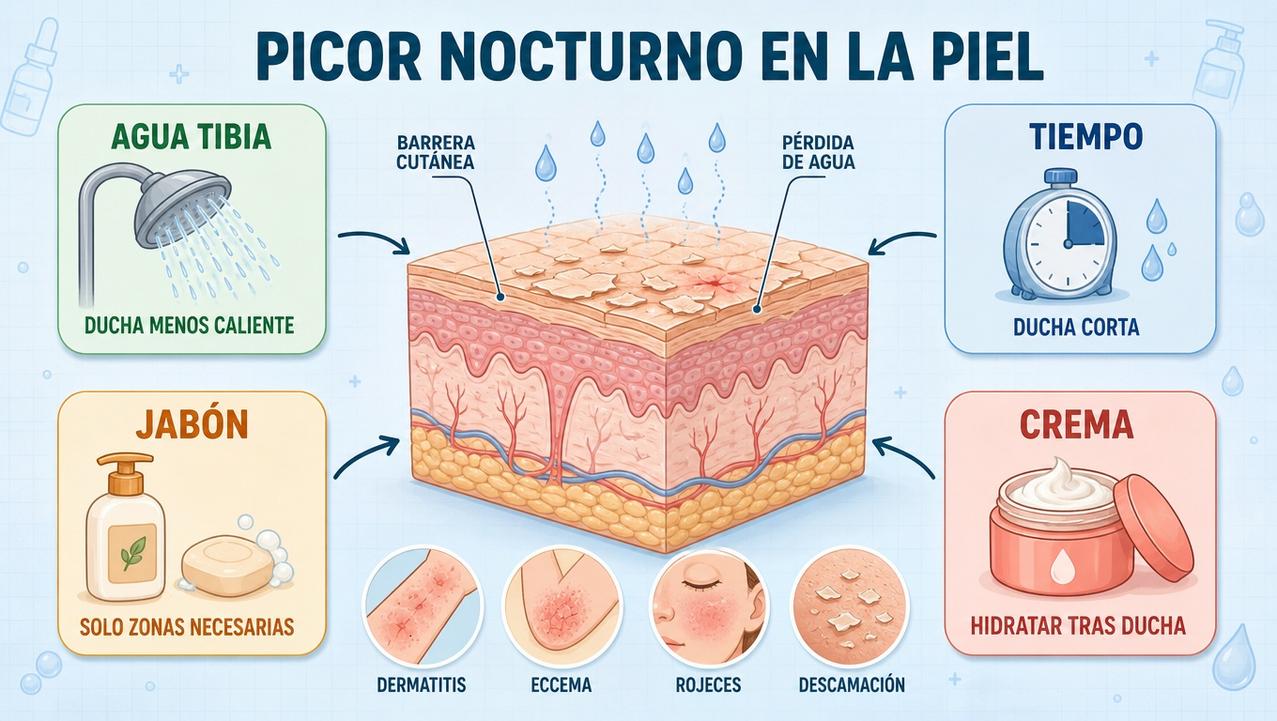Agua tibia, menos jabón, duchas cortas y crema protegen la barrera cutánea.