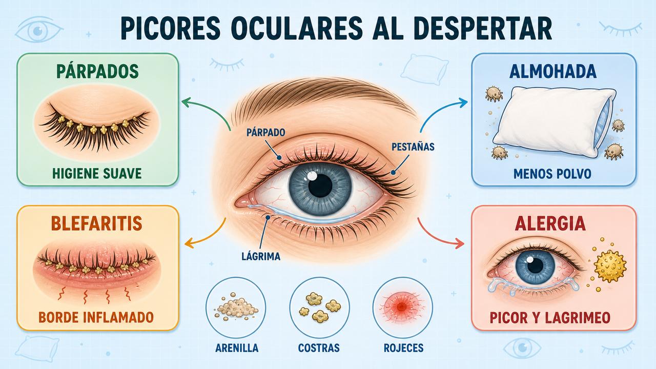 Higiene palpebral, almohada, blefaritis y alergia explican el picor al despertar.