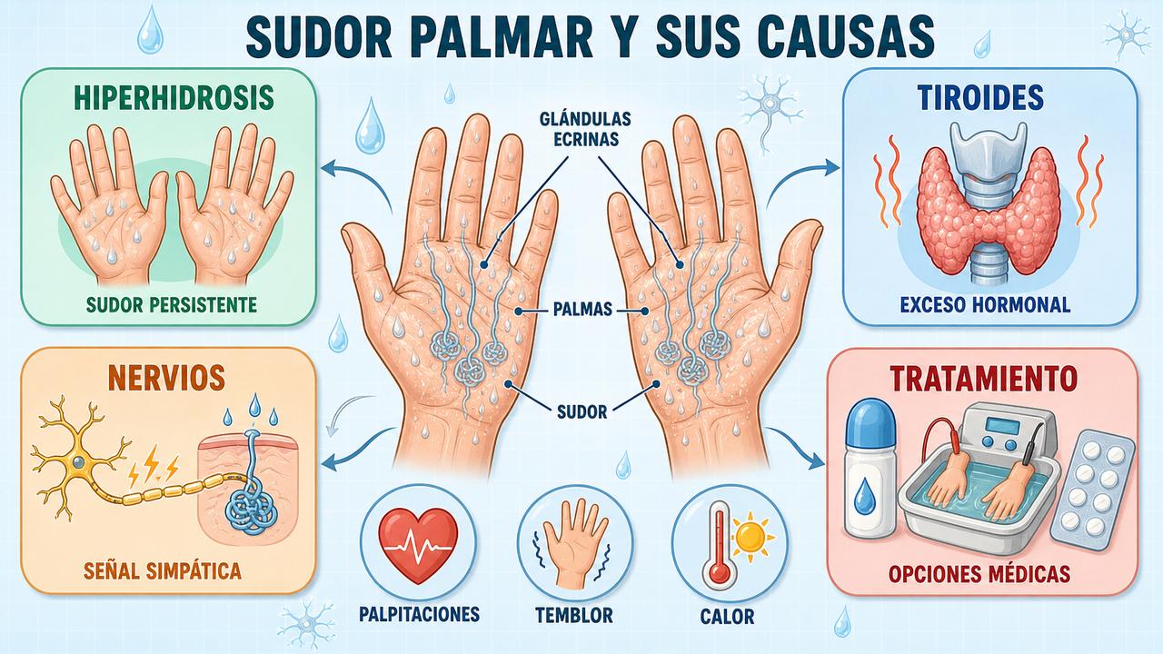Hiperhidrosis, tiroides, sistema nervioso y tratamiento explican el sudor palmar.