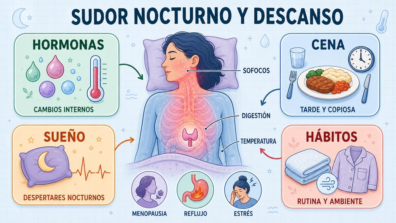 Hormonas, cena, sueño y hábitos influyen en la sudoración nocturna.