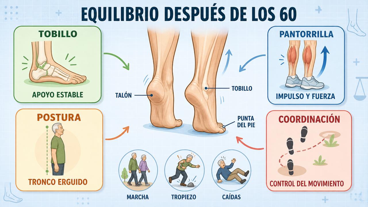 Tobillo, pantorrilla, postura y coordinación sostienen el equilibrio al caminar.