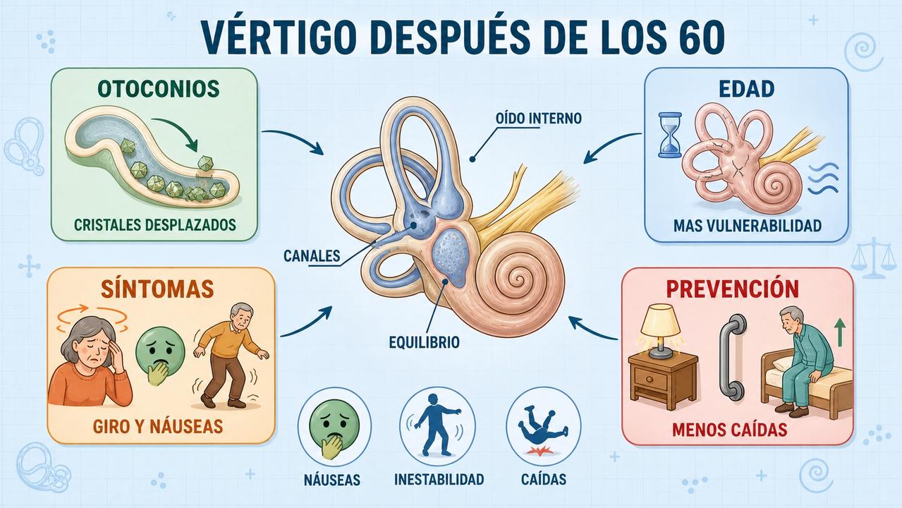 Otoconios, envejecimiento, síntomas y prevención resumen el vértigo posicional en mayores.