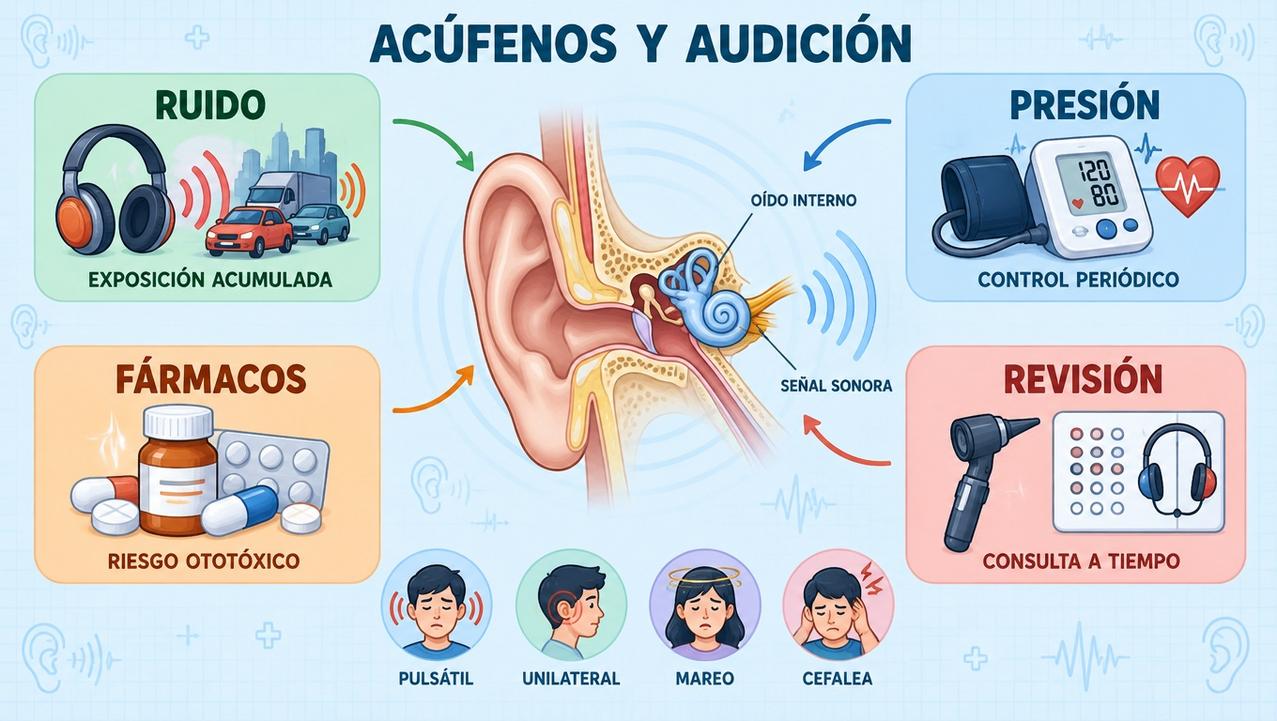 Ruido, presión, fármacos y revisión ayudan a entender y vigilar los acúfenos.
