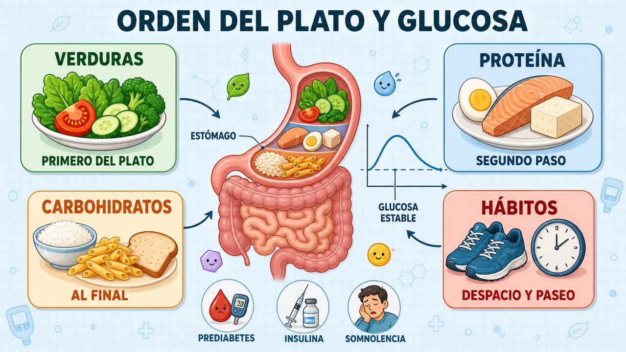 Verduras, proteína, carbohidratos al final y buenos hábitos estabilizan la glucosa.