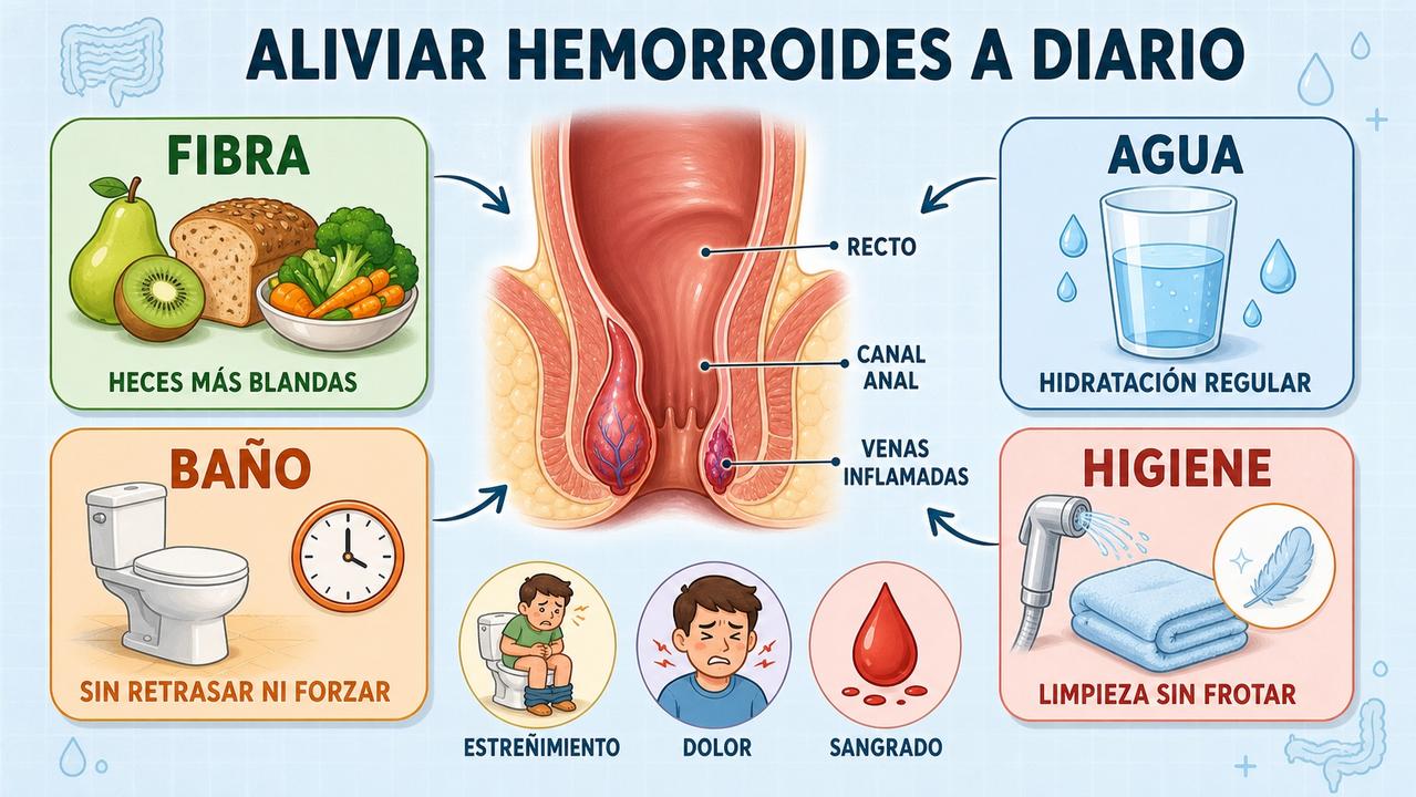 Fibra, agua, baño sin esfuerzo e higiene alivian las hemorroides.