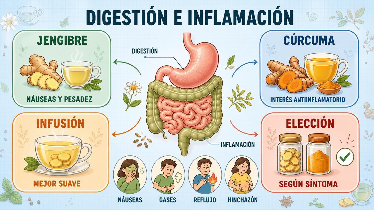 Comparativa visual entre jengibre, cúrcuma, preparación suave y elección según síntomas.