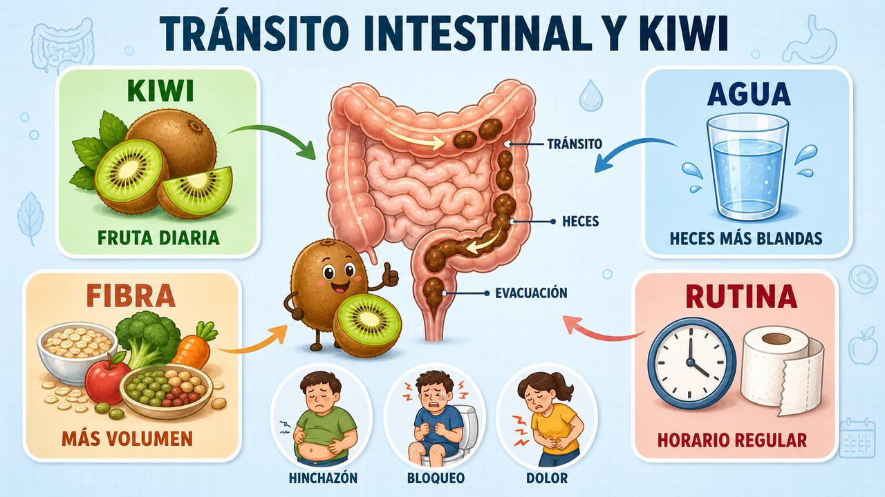 Kiwi, agua, fibra y rutina ayudan a mejorar el estreñimiento.