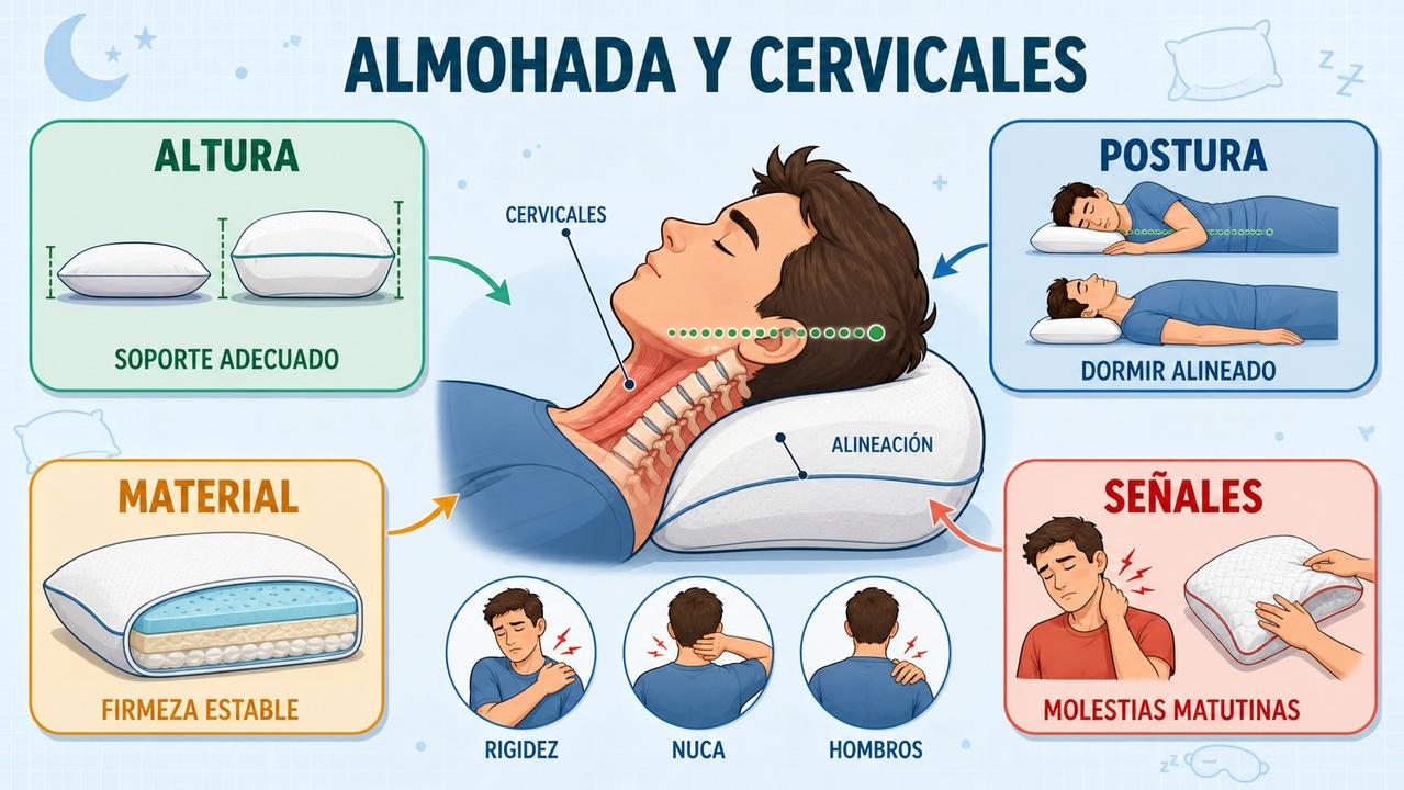 Altura, postura, material y señales clave para cuidar las cervicales al dormir.