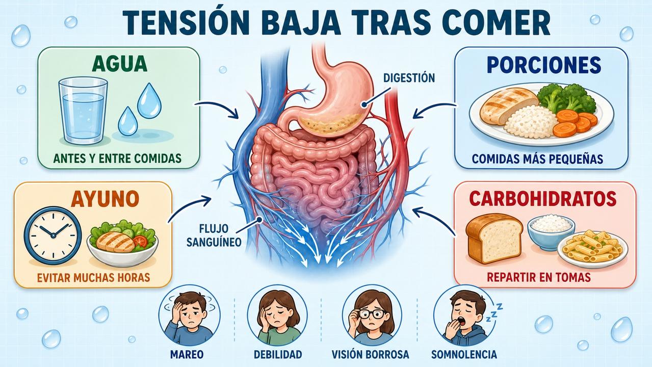 Agua, porciones, ayuno y carbohidratos marcan la hipotensión posprandial.
