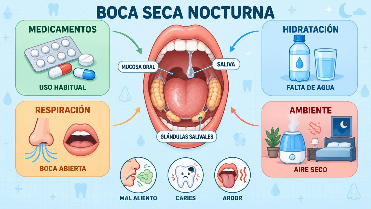 Medicamentos, hidratación, respiración y ambiente influyen en la sequedad nocturna.