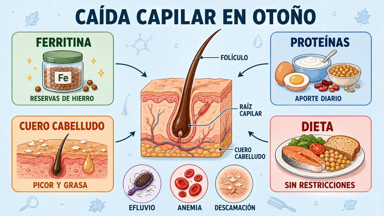 Ferritina, proteínas, cuero cabelludo y dieta sostienen la recuperación del cabello.