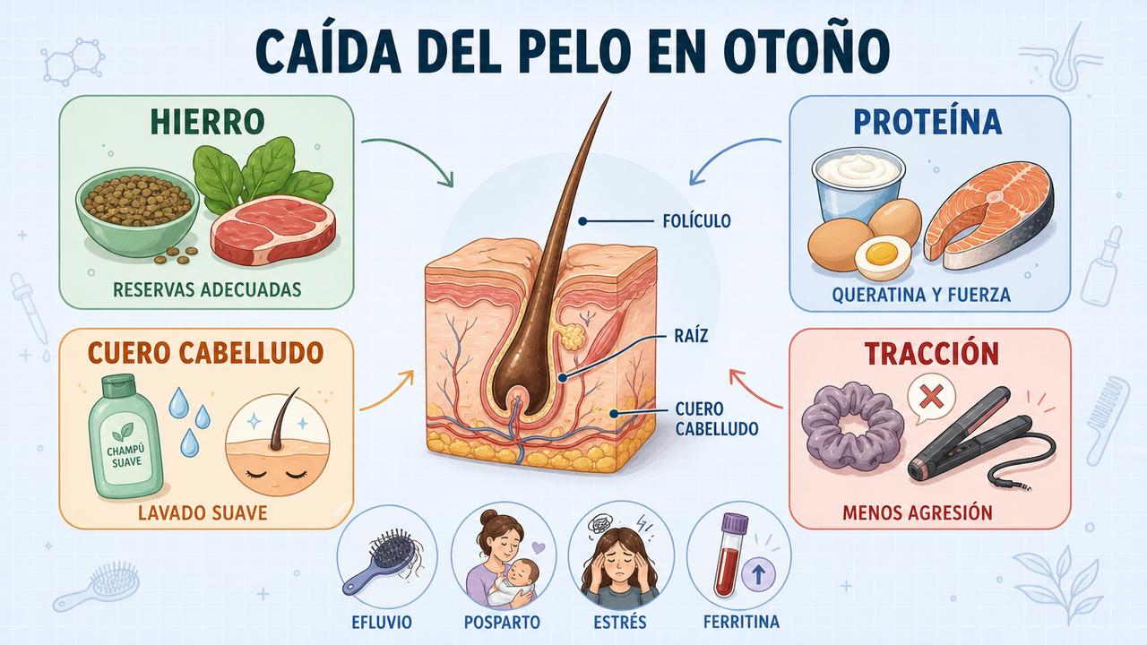 Hierro, proteína, cuero cabelludo y tracción influyen en el efluvio capilar.