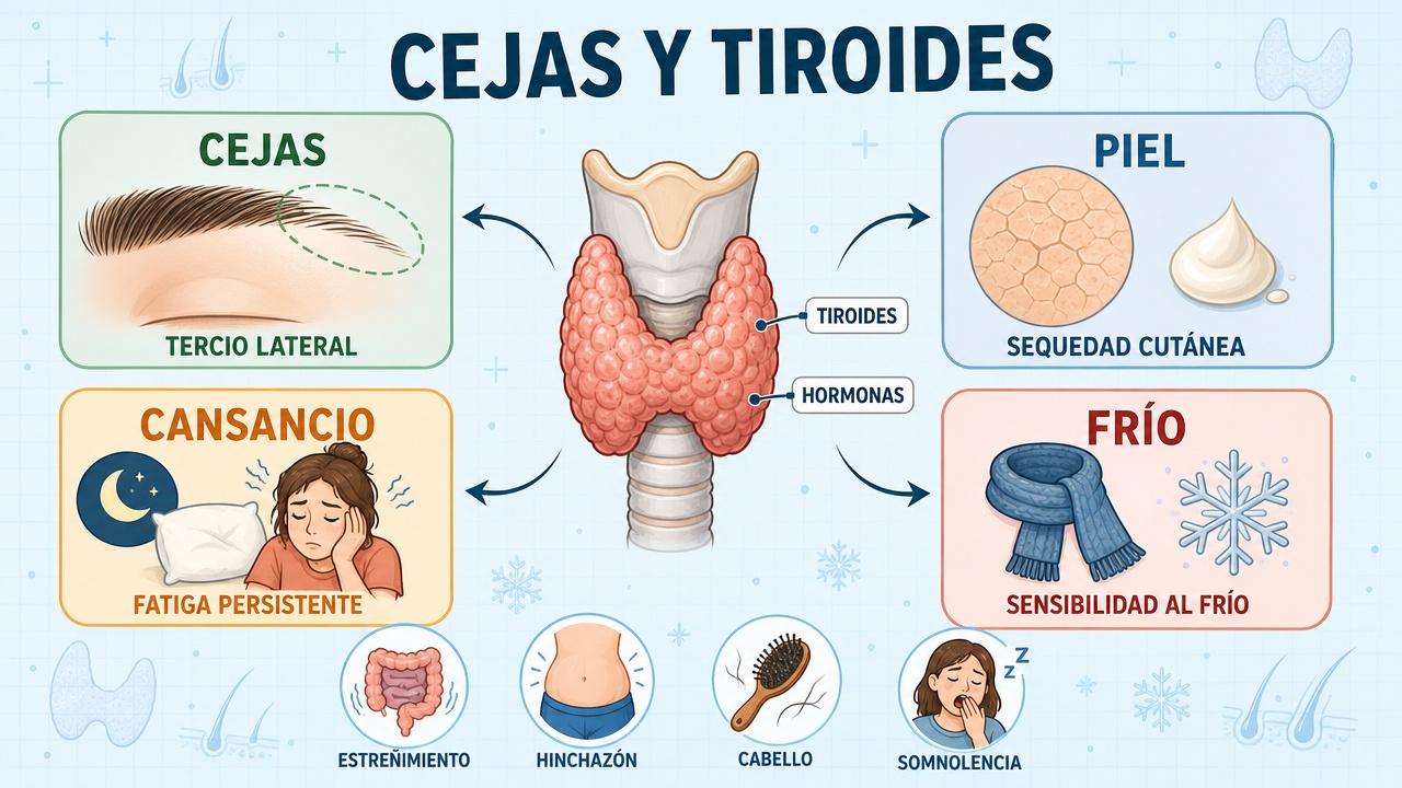 Cejas, piel seca, cansancio y frío forman un patrón clínico orientativo.