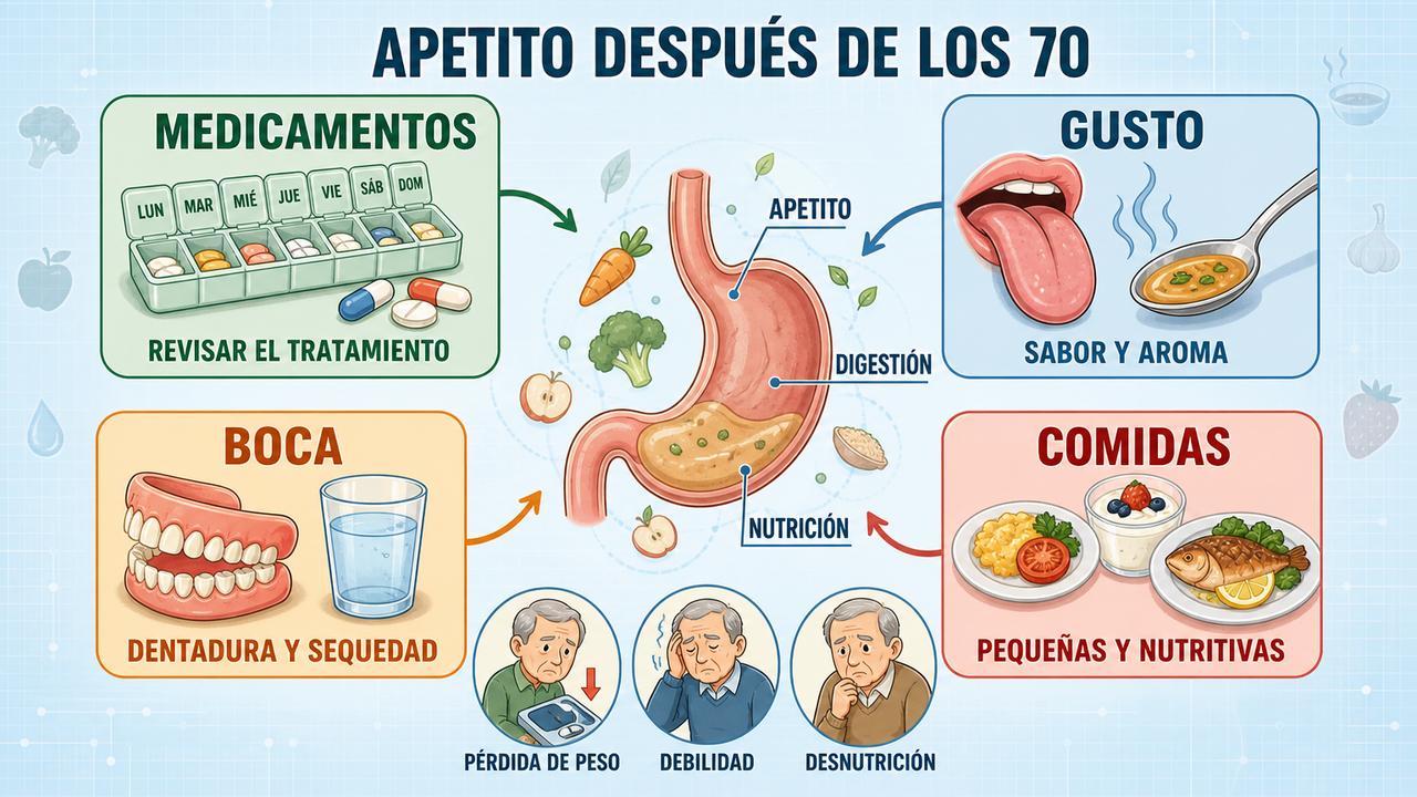 Medicamentos, gusto, salud bucal y comidas adaptadas influyen en la ingesta.