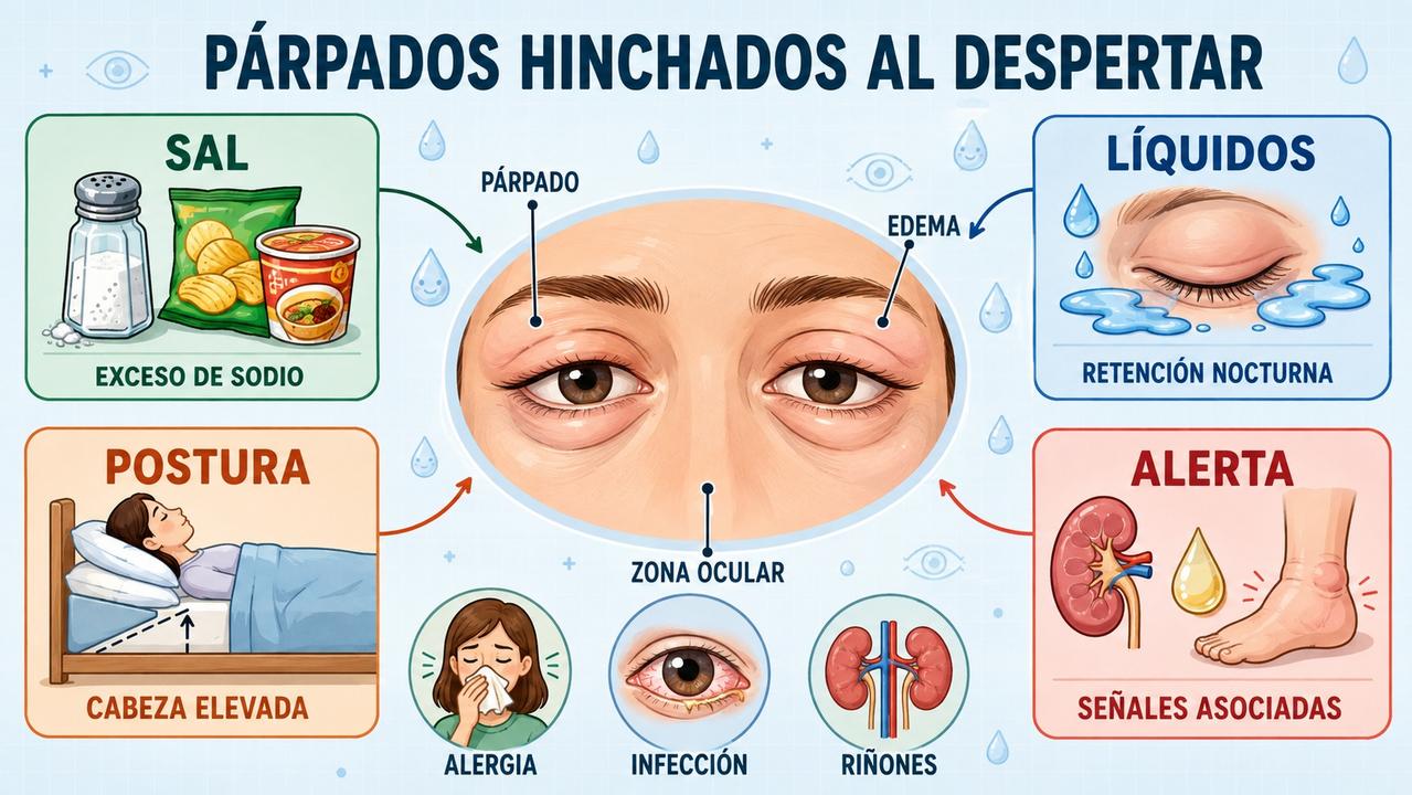 Sal, líquidos, postura y señales de alerta explican la hinchazón palpebral.