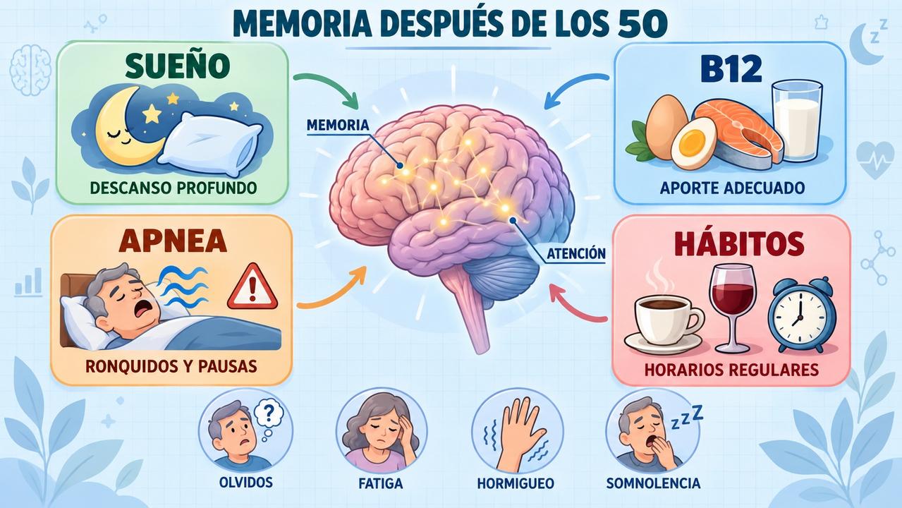 Sueño, vitamina B12, apnea y hábitos clave para proteger la función cognitiva.