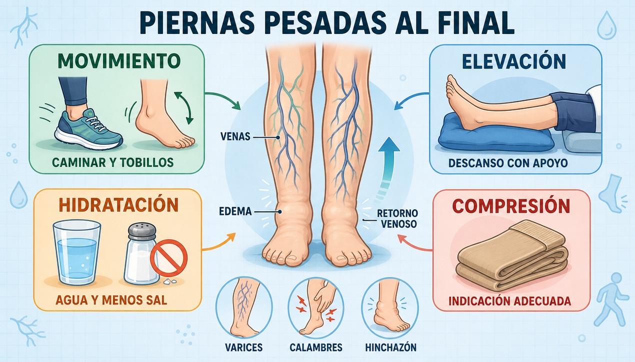 Movimiento, elevación, hidratación y compresión ayudan a aliviar piernas pesadas.