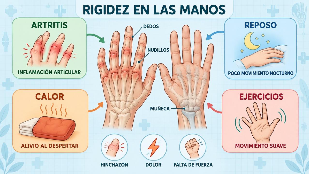 Artritis, reposo nocturno, calor y ejercicios suaves explican y alivian la rigidez.