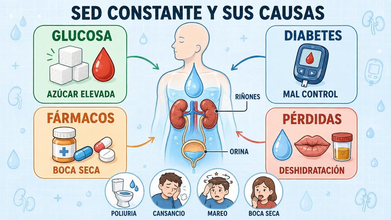Glucosa, diabetes, fármacos y deshidratación orientan las causas de sed constante.