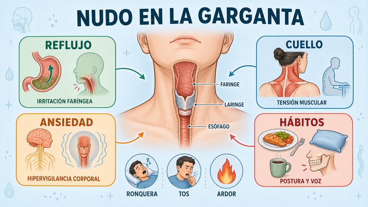 Infografía sobre reflujo, cuello, ansiedad y hábitos que influyen en esta molestia.