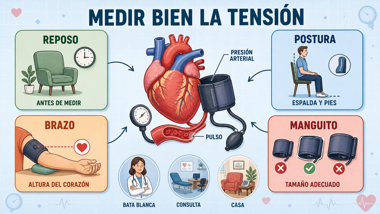 Reposo, postura, brazo y manguito influyen en una medición fiable.