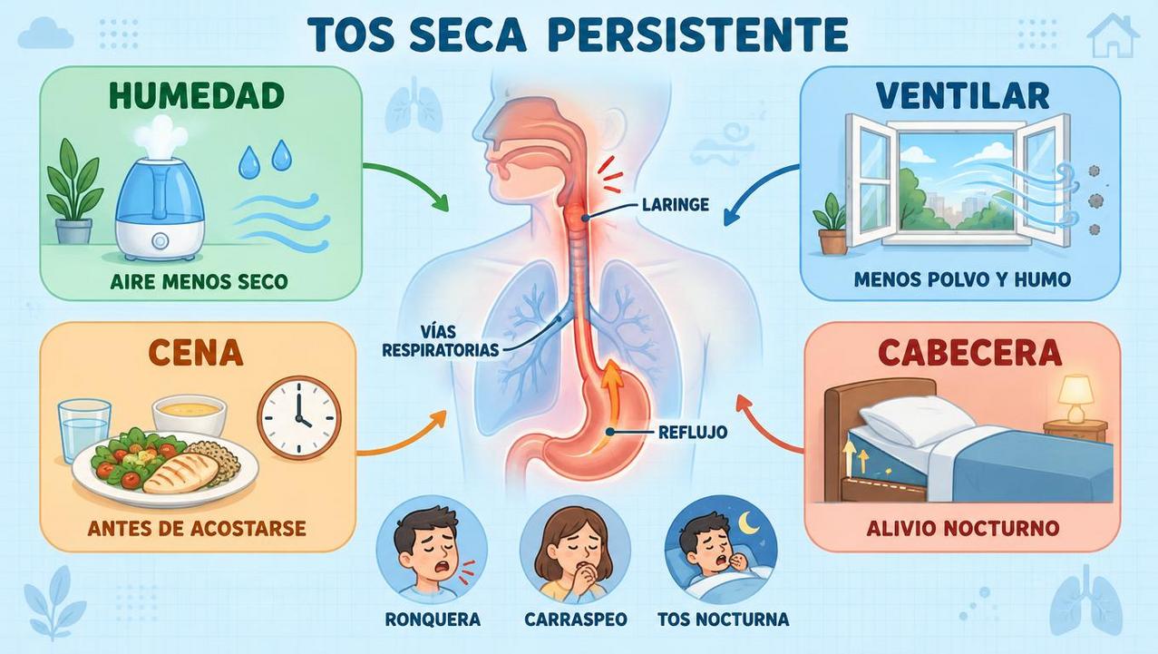 Humedad, ventilación, cena temprana y cabecera elevada ayudan a aliviarla.