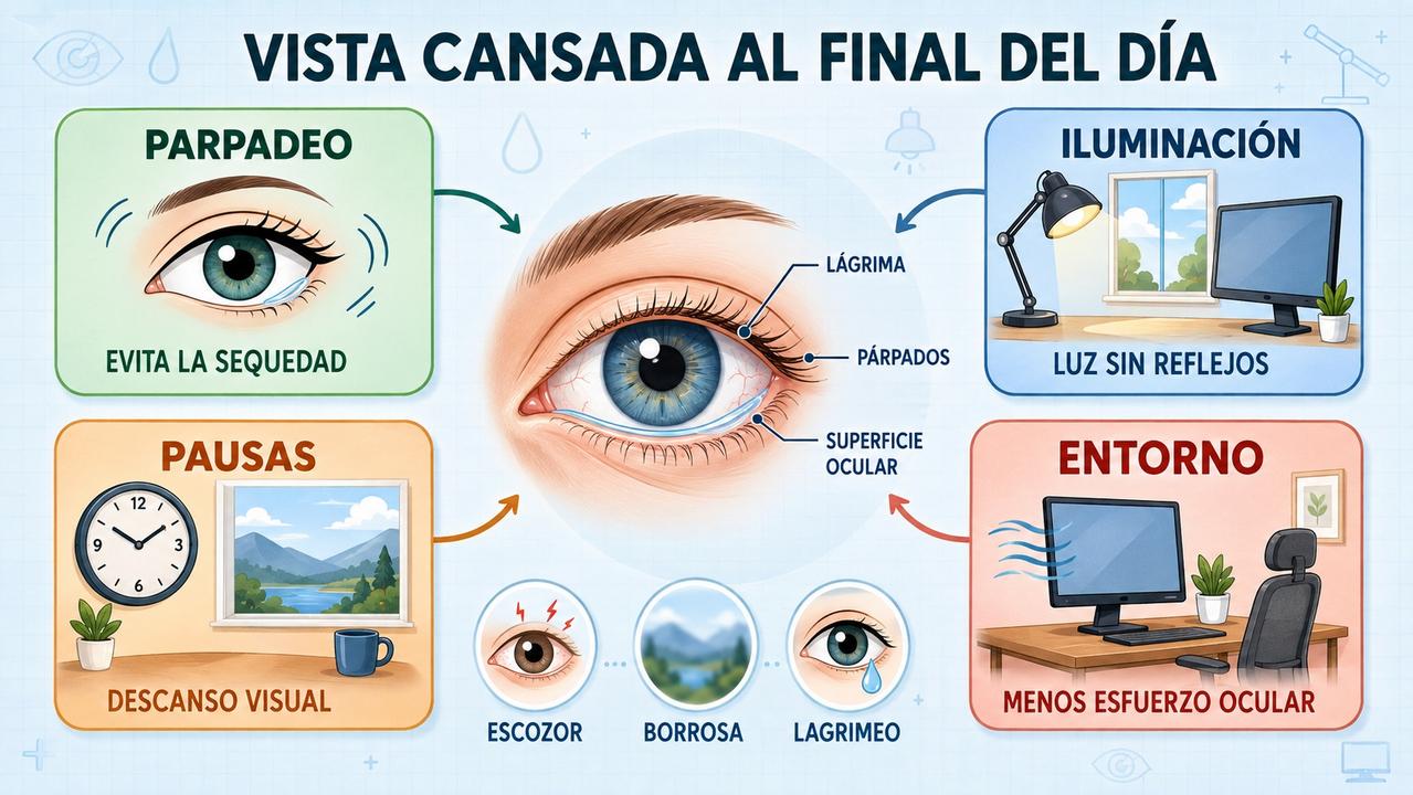 Parpadeo, iluminación, pausas y entorno reducen la vista cansada diaria.