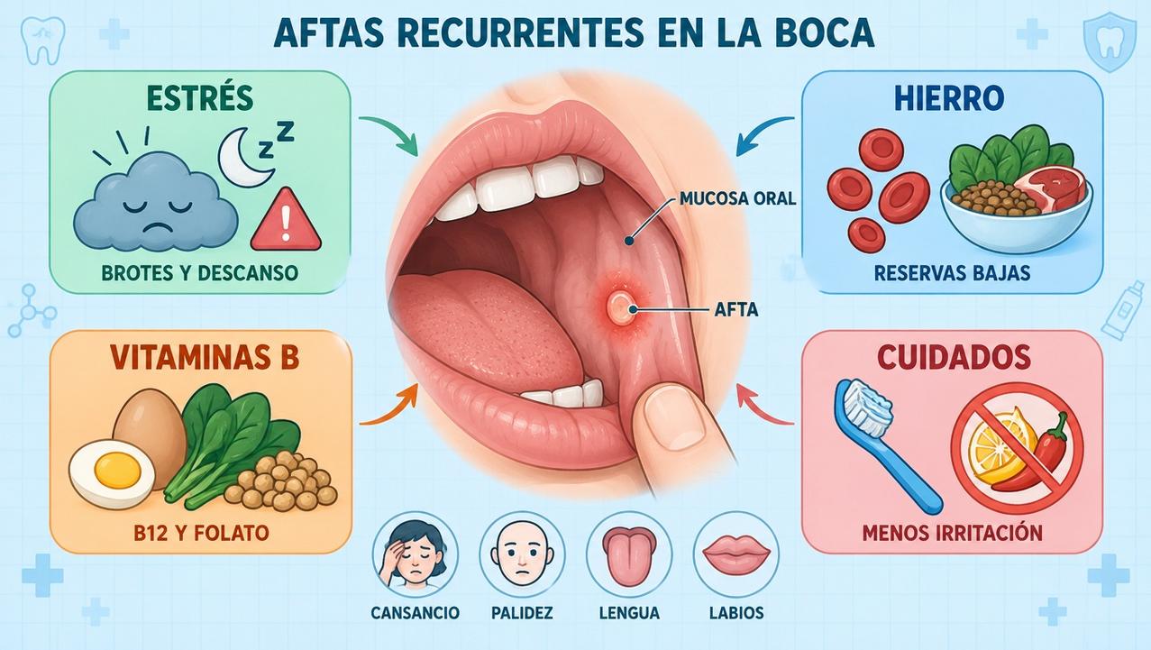 Estrés, hierro, vitaminas B y cuidados explican muchas aftas repetidas.