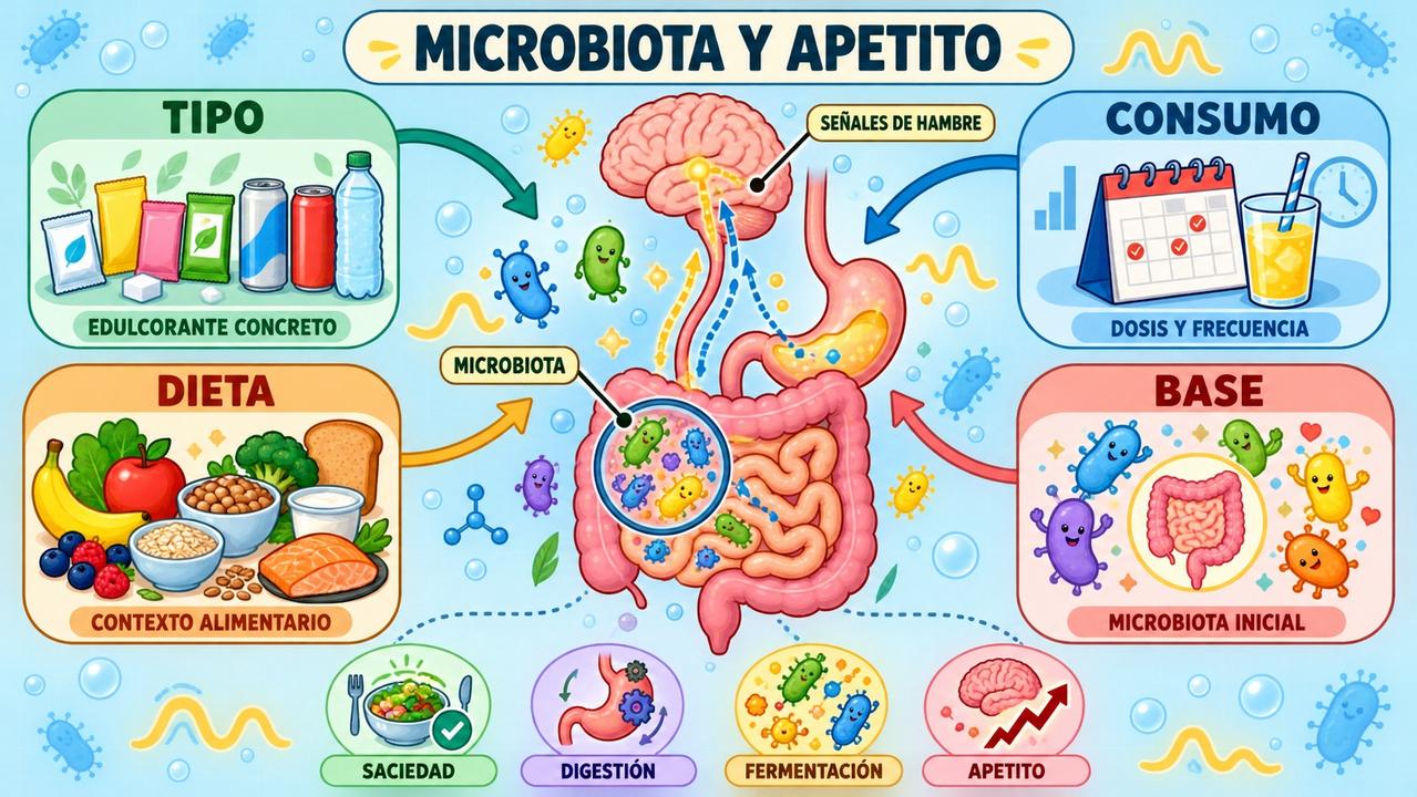 Tipo, consumo, dieta y microbiota basal modulan la respuesta a edulcorantes.