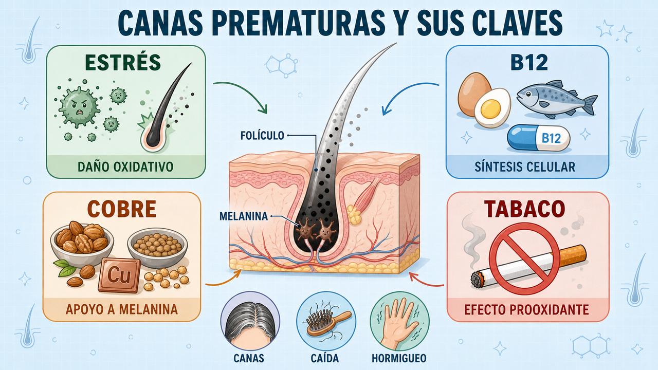 Estrés oxidativo, vitamina B12, cobre y tabaco influyen en la pigmentación capilar.