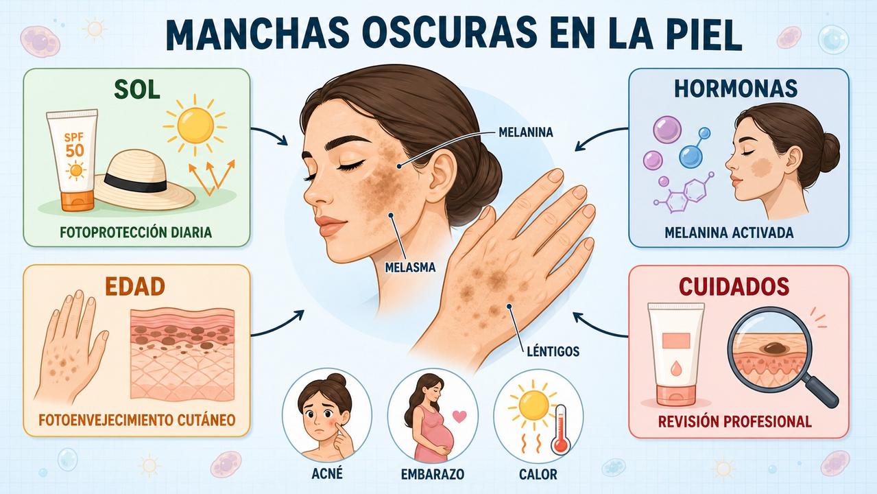 Sol, hormonas, envejecimiento y cuidados clave influyen en la hiperpigmentación.