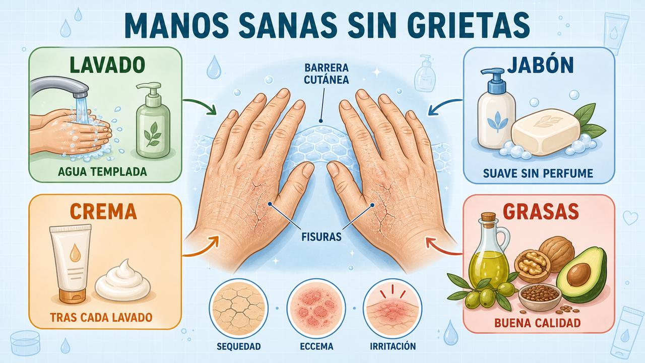 Lavado, jabón suave, crema y grasas saludables ayudan a reparar las manos.