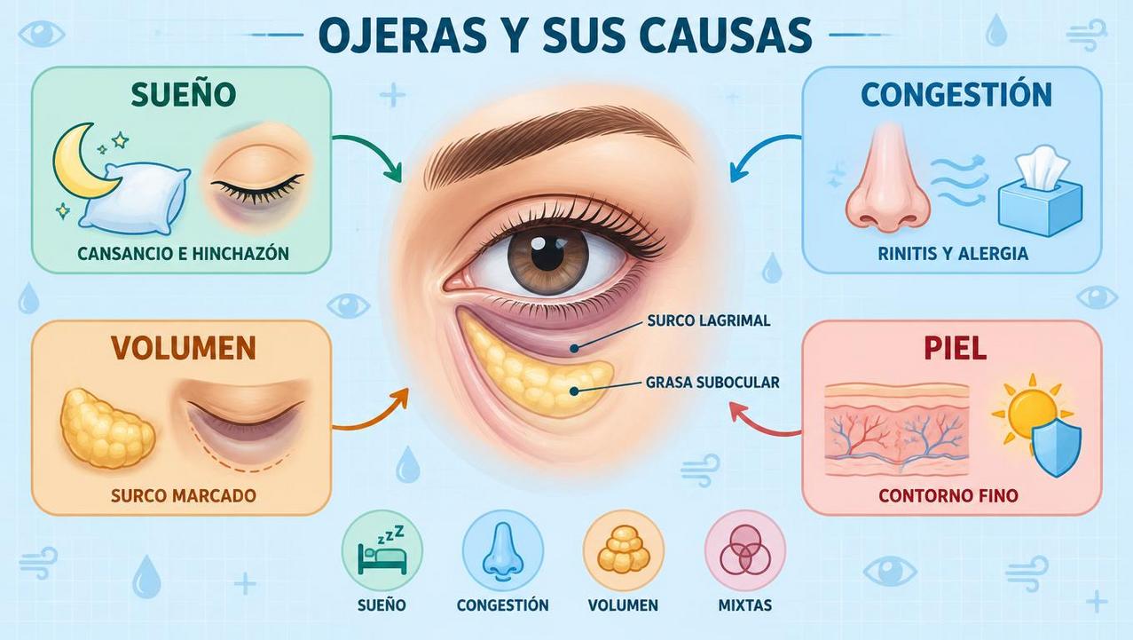 Sueño, congestión, volumen y piel explican distintos tipos de ojeras.