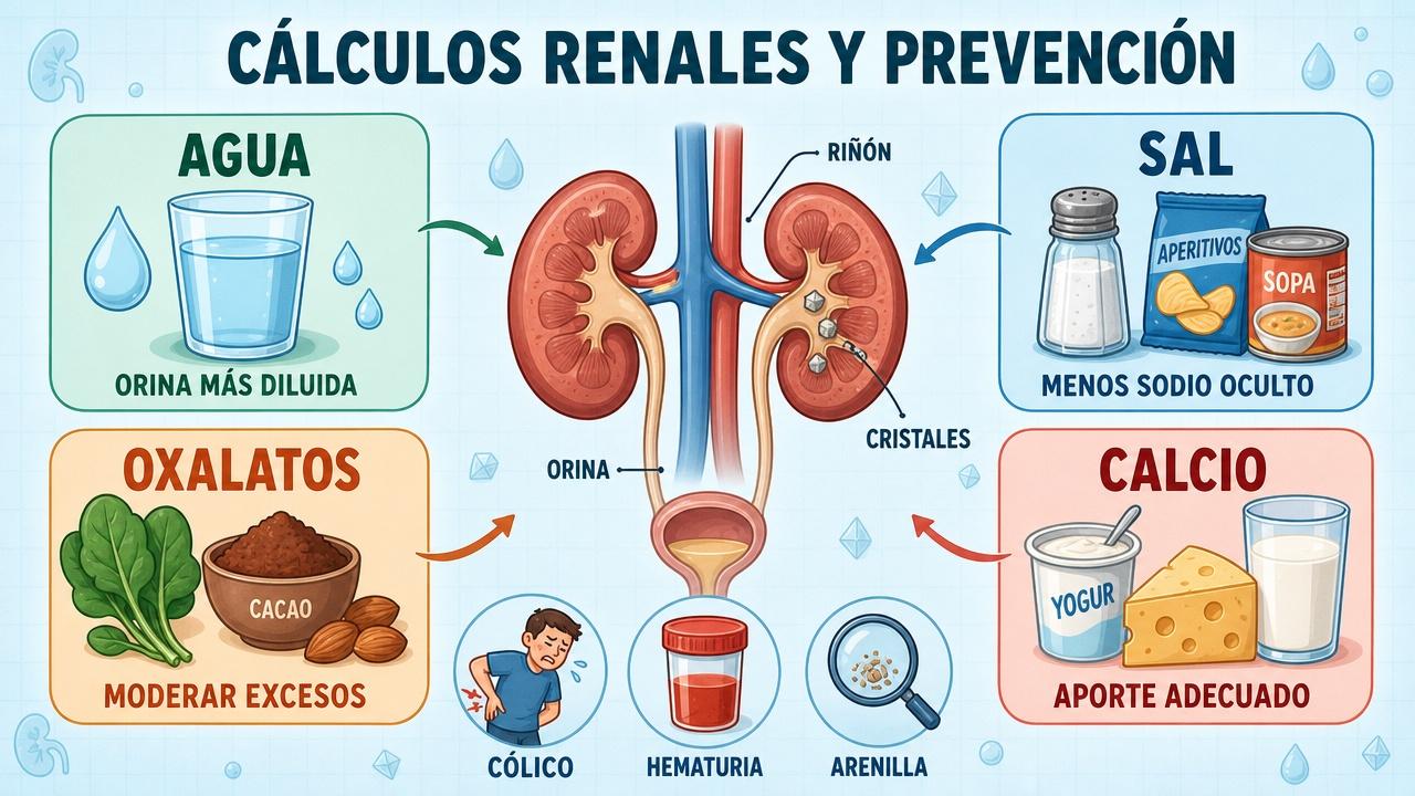Hidratación, sodio, oxalatos y calcio dietético influyen en los cálculos renales.