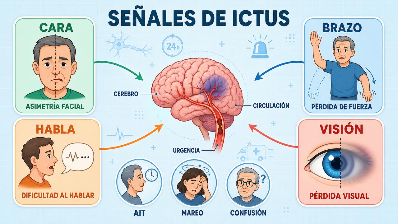 Cara, brazo, habla y visión resumen las señales clave del ictus.