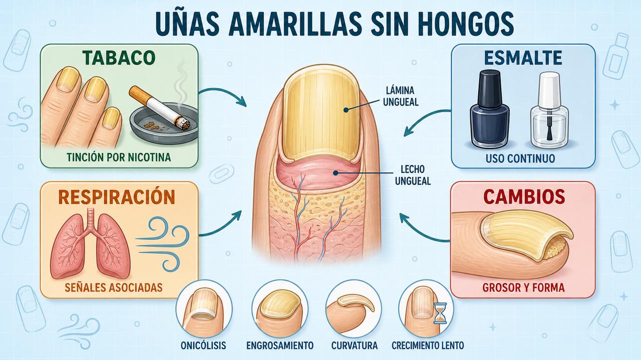 Tabaco, esmalte, respiración y cambios ungueales orientan la causa real.